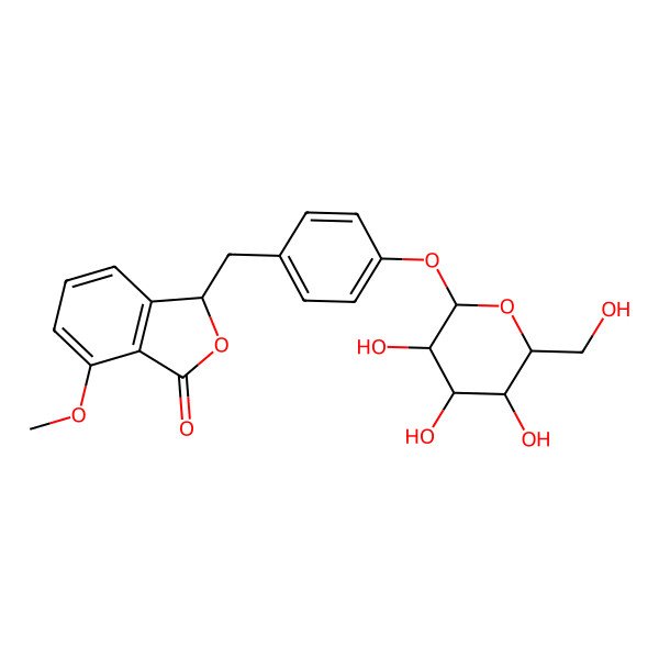 2D Structure of (3S)-7-methoxy-3-[[4-[(2S,3R,4S,5S,6R)-3,4,5-trihydroxy-6-(hydroxymethyl)oxan-2-yl]oxyphenyl]methyl]-3H-2-benzofuran-1-one