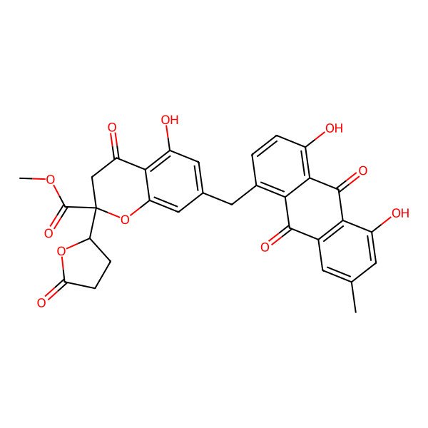 2D Structure of methyl 7-[(4,5-dihydroxy-7-methyl-9,10-dioxoanthracen-1-yl)methyl]-5-hydroxy-4-oxo-2-(5-oxooxolan-2-yl)-3H-chromene-2-carboxylate