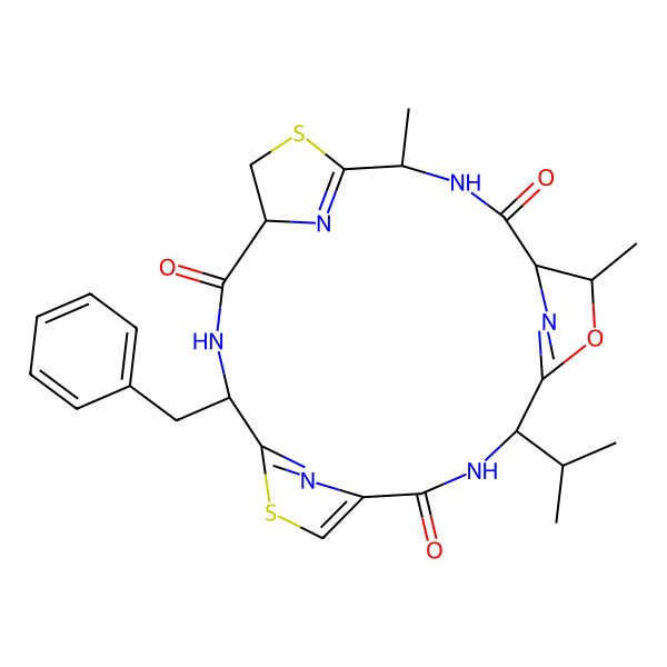2D Structure of (4S,7R,8S,11S,15S,18S)-18-benzyl-7,11-dimethyl-4-propan-2-yl-6-oxa-13,20-dithia-3,10,17,22,23,24-hexazatetracyclo[17.2.1.15,8.112,15]tetracosa-1(21),5(24),12(23),19(22)-tetraene-2,9,16-trione