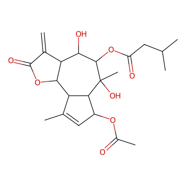 2D Structure of (7-acetyloxy-4,6-dihydroxy-6,9-dimethyl-3-methylidene-2-oxo-4,5,6a,7,9a,9b-hexahydro-3aH-azuleno[4,5-b]furan-5-yl) 3-methylbutanoate