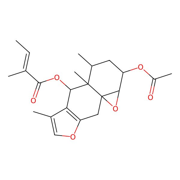 2D Structure of (12-Acetyloxy-6,9,10-trimethyl-4,14-dioxatetracyclo[7.5.0.01,13.03,7]tetradeca-3(7),5-dien-8-yl) 2-methylbut-2-enoate