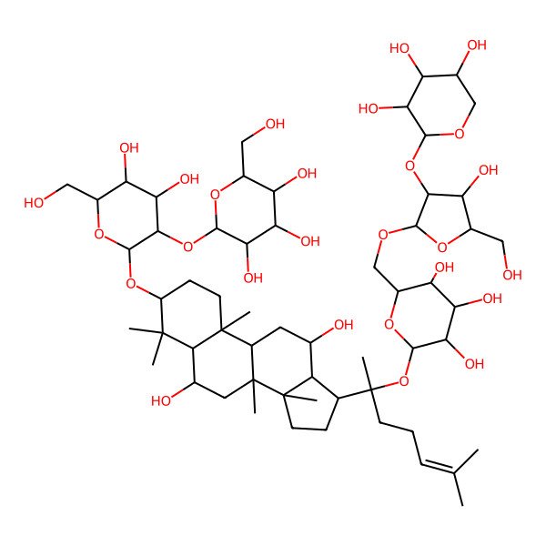 2D Structure of (2S,3R,4S,5S,6R)-2-[(2R,3R,4S,5S,6R)-2-[[(3S,5R,6S,8R,9R,10R,12R,13R,14R,17S)-6,12-dihydroxy-4,4,8,10,14-pentamethyl-17-[(2S)-6-methyl-2-[(2S,3R,4S,5S,6R)-3,4,5-trihydroxy-6-[[(2R,3R,4S,5S)-4-hydroxy-5-(hydroxymethyl)-3-[(2S,3R,4S,5R)-3,4,5-trihydroxyoxan-2-yl]oxyoxolan-2-yl]oxymethyl]oxan-2-yl]oxyhept-5-en-2-yl]-2,3,5,6,7,9,11,12,13,15,16,17-dodecahydro-1H-cyclopenta[a]phenanthren-3-yl]oxy]-4,5-dihydroxy-6-(hydroxymethyl)oxan-3-yl]oxy-6-(hydroxymethyl)oxane-3,4,5-triol