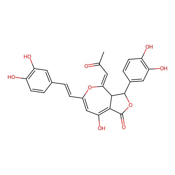 2D Structure of 1H,3H-Furo(3,4-c)oxepin-1-one, 3-(3,4-dihydroxyphenyl)-6-(2-(3,4-dihydroxyphenyl)ethenyl)-3a,4-dihydro-8-hydroxy-4-(2-oxopropylidene)-