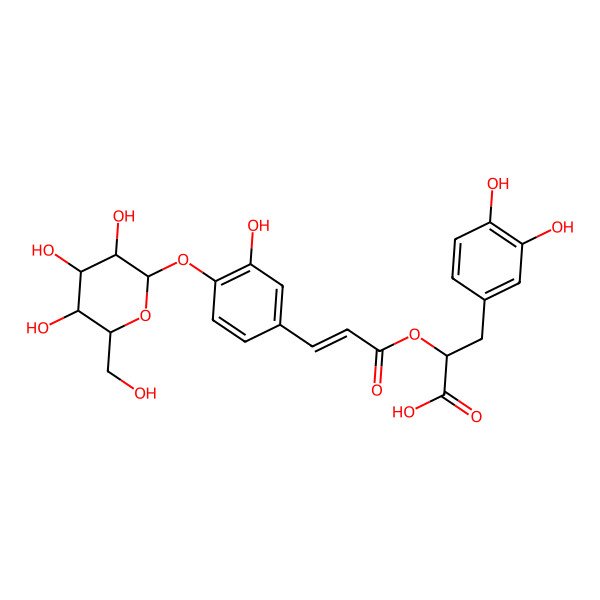 2D Structure of (2S)-3-(3,4-dihydroxyphenyl)-2-[(E)-3-[3-hydroxy-4-[(2S,3R,4S,5S,6R)-3,4,5-trihydroxy-6-(hydroxymethyl)oxan-2-yl]oxyphenyl]prop-2-enoyl]oxypropanoic acid