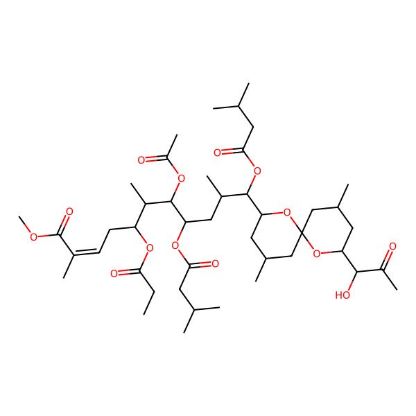 2D Structure of methyl (E,5S,6S,7R,8R,10S,11S)-7-acetyloxy-11-[(4R,6S,8S,10S)-2-[(1R)-1-hydroxy-2-oxopropyl]-4,10-dimethyl-1,7-dioxaspiro[5.5]undecan-8-yl]-2,6,10-trimethyl-8,11-bis(3-methylbutanoyloxy)-5-propanoyloxyundec-2-enoate