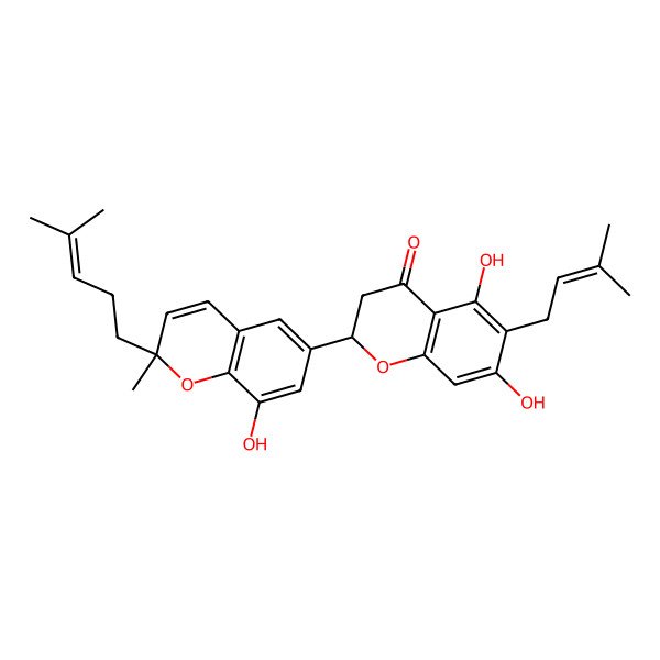 2D Structure of (2S)-5,7-dihydroxy-2-[(2S)-8-hydroxy-2-methyl-2-(4-methylpent-3-enyl)chromen-6-yl]-6-(3-methylbut-2-enyl)-2,3-dihydrochromen-4-one
