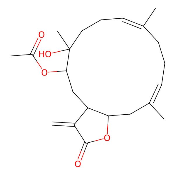 2D Structure of [(3aR,5S,6R,9Z,13E,15aS)-6-hydroxy-6,10,14-trimethyl-3-methylidene-2-oxo-4,5,7,8,11,12,15,15a-octahydro-3aH-cyclotetradeca[b]furan-5-yl] acetate
