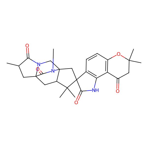 2D Structure of 5',7,7,10',10',13'-Hexamethylspiro[1,8-dihydropyrano[2,3-g]indole-3,11'-3,13-diazatetracyclo[5.5.2.01,9.03,7]tetradecane]-2,4',9,14'-tetrone