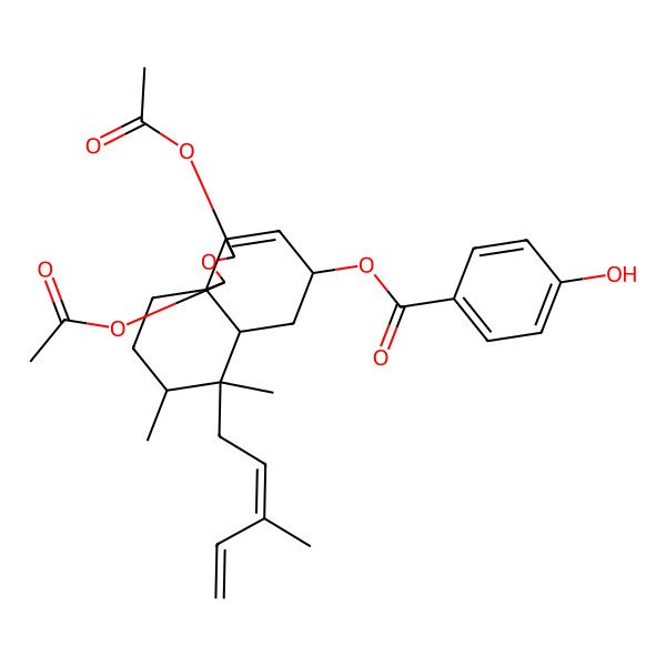2D Structure of [1,3-Diacetyloxy-7,8-dimethyl-7-(3-methylpenta-2,4-dienyl)-1,3,5,6,6a,8,9,10-octahydrobenzo[d][2]benzofuran-5-yl] 4-hydroxybenzoate