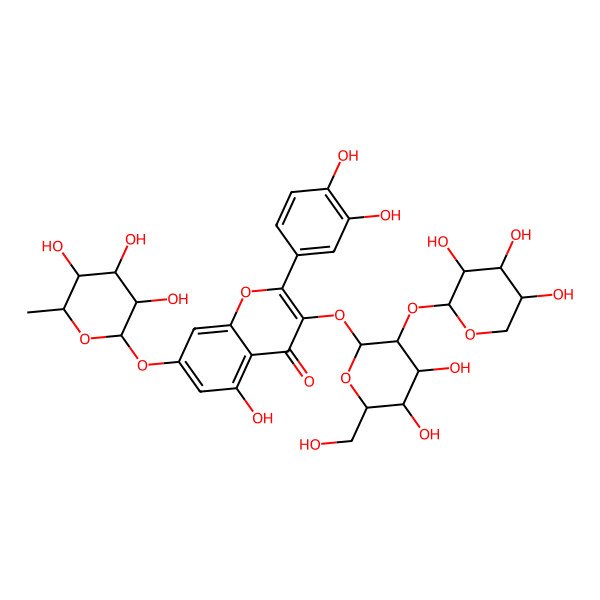 2D Structure of 3-[(2S,3S,4R,5S,6R)-4,5-dihydroxy-6-(hydroxymethyl)-3-[(2R,3S,4S,5S)-3,4,5-trihydroxyoxan-2-yl]oxyoxan-2-yl]oxy-2-(3,4-dihydroxyphenyl)-5-hydroxy-7-[(2S,3S,4S,5R,6S)-3,4,5-trihydroxy-6-methyloxan-2-yl]oxychromen-4-one