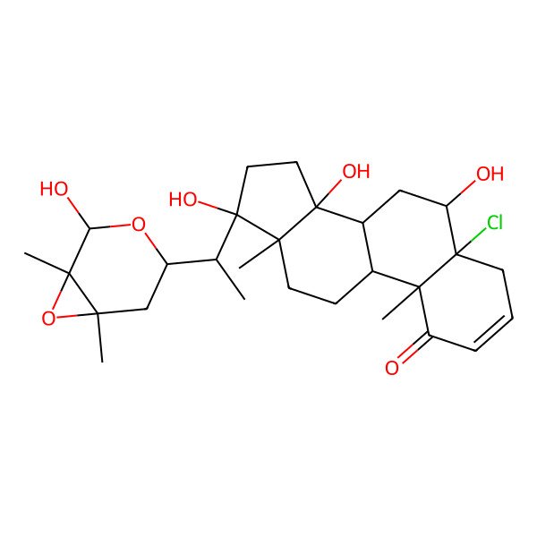 2D Structure of (5R,6R,8R,9S,10S,13S,14S,17R)-5-chloro-6,14,17-trihydroxy-17-[(1R)-1-[(1S,2R,4R,6S)-2-hydroxy-1,6-dimethyl-3,7-dioxabicyclo[4.1.0]heptan-4-yl]ethyl]-10,13-dimethyl-6,7,8,9,11,12,15,16-octahydro-4H-cyclopenta[a]phenanthren-1-one