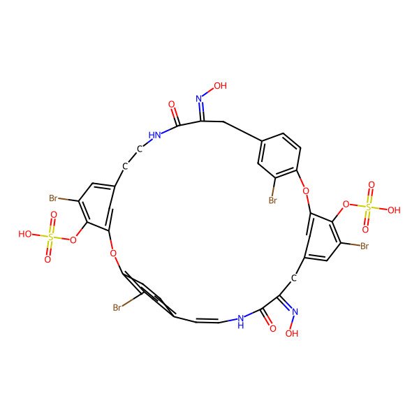 2D Structure of [(12E,25E,28E)-5,16,21,32-tetrabromo-12,25-bis(hydroxyimino)-11,26-dioxo-4-sulfooxy-2,18-dioxa-10,27-diazapentacyclo[28.2.2.214,17.13,7.119,23]octatriaconta-1(32),3,5,7(38),14,16,19,21,23(35),28,30,33,36-tridecaen-20-yl] hydrogen sulfate