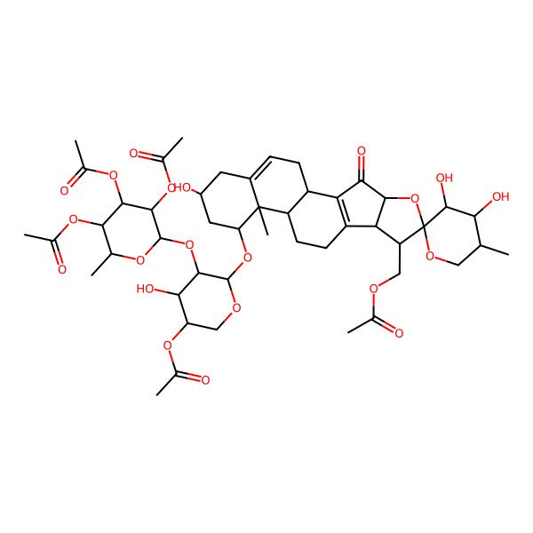 2D Structure of [(1S,3'S,4R,4'S,5'S,6S,7R,8R,12R,13R,14R,16R)-14-[(2S,3R,4S,5S)-5-acetyloxy-4-hydroxy-3-[(2S,3R,4R,5S,6S)-3,4,5-triacetyloxy-6-methyloxan-2-yl]oxyoxan-2-yl]oxy-3',4',16-trihydroxy-5',13-dimethyl-3-oxospiro[5-oxapentacyclo[10.8.0.02,9.04,8.013,18]icosa-2(9),18-diene-6,2'-oxane]-7-yl]methyl acetate