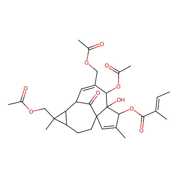 2D Structure of [(1S,4S,5R,6R,9S,10R,12R)-6-acetyloxy-7,11-bis(acetyloxymethyl)-5-hydroxy-3,11-dimethyl-15-oxo-4-tetracyclo[7.5.1.01,5.010,12]pentadeca-2,7-dienyl] (Z)-2-methylbut-2-enoate