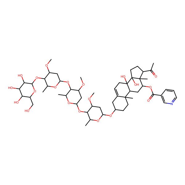 2D Structure of [17-acetyl-8,14-dihydroxy-3-[4-methoxy-5-[4-methoxy-5-[4-methoxy-6-methyl-5-[3,4,5-trihydroxy-6-(hydroxymethyl)oxan-2-yl]oxyoxan-2-yl]oxy-6-methyloxan-2-yl]oxy-6-methyloxan-2-yl]oxy-10,13-dimethyl-2,3,4,7,9,11,12,15,16,17-decahydro-1H-cyclopenta[a]phenanthren-12-yl] pyridine-3-carboxylate