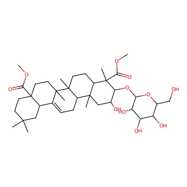 2D Structure of Dimethyl 2-hydroxy-4,6a,6b,11,11,14b-hexamethyl-3-[3,4,5-trihydroxy-6-(hydroxymethyl)oxan-2-yl]oxy-1,2,3,4a,5,6,7,8,9,10,12,12a,14,14a-tetradecahydropicene-4,8a-dicarboxylate