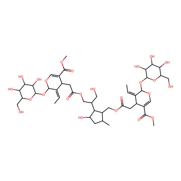 2D Structure of methyl (4S,5E,6S)-5-ethylidene-4-[2-[[(1R,2R,3S,5S)-2-[(2R)-1-[2-[(2S,3E,4S)-3-ethylidene-5-methoxycarbonyl-2-[(2S,3R,4S,5S,6R)-3,4,5-trihydroxy-6-(hydroxymethyl)oxan-2-yl]oxy-4H-pyran-4-yl]acetyl]oxy-3-hydroxypropan-2-yl]-3-hydroxy-5-methylcyclopentyl]methoxy]-2-oxoethyl]-6-[(2S,3R,4S,5S,6R)-3,4,5-trihydroxy-6-(hydroxymethyl)oxan-2-yl]oxy-4H-pyran-3-carboxylate