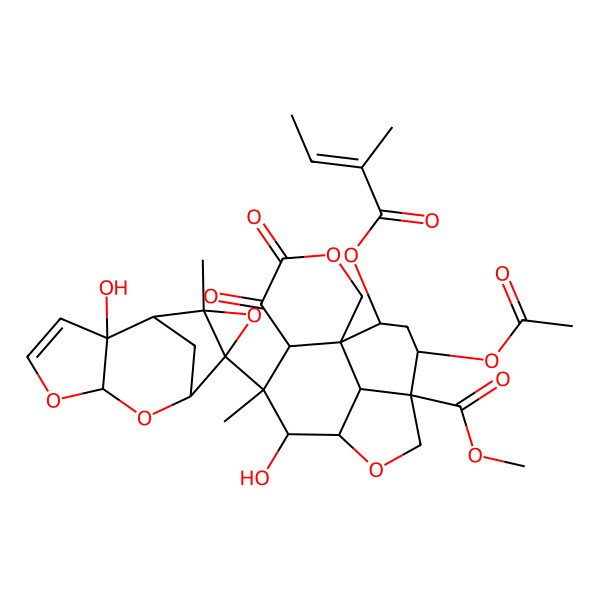 2D Structure of Methyl 13-acetyloxy-8-hydroxy-7-(2-hydroxy-11-methyl-5,7,10-trioxatetracyclo[6.3.1.02,6.09,11]dodec-3-en-9-yl)-7-methyl-15-(2-methylbut-2-enoyloxy)-4,5-dioxo-3,10-dioxatetracyclo[7.6.1.01,6.012,16]hexadecane-12-carboxylate