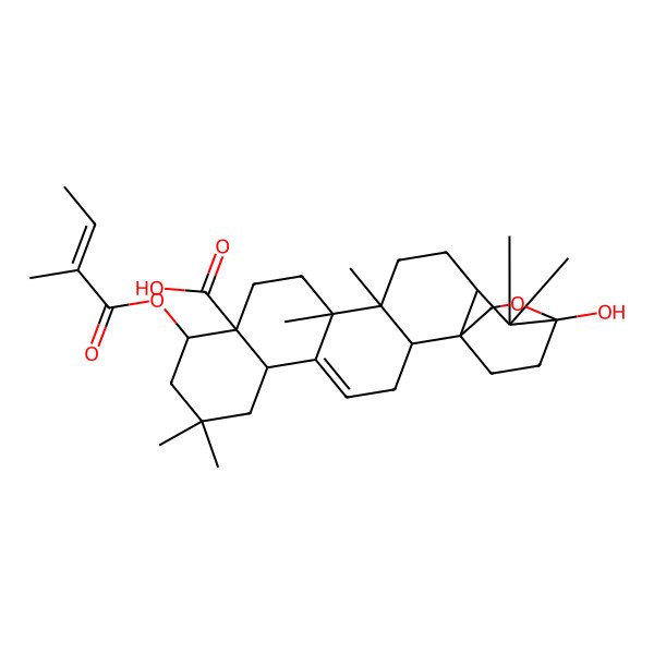 2D Structure of 20-Hydroxy-8,8,14,15,19,19-hexamethyl-10-(2-methylbut-2-enoyloxy)-21-oxahexacyclo[18.2.2.01,18.02,15.05,14.06,11]tetracos-4-ene-11-carboxylic acid