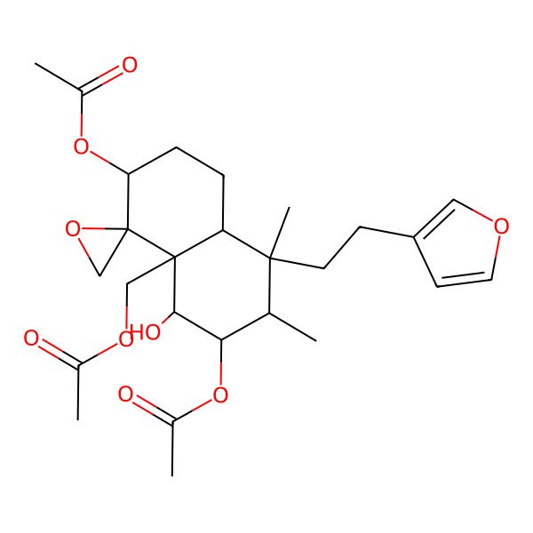 2D Structure of [3,6-diacetyloxy-8-[2-(furan-3-yl)ethyl]-5-hydroxy-7,8-dimethylspiro[2,3,5,6,7,8a-hexahydro-1H-naphthalene-4,2'-oxirane]-4a-yl]methyl acetate