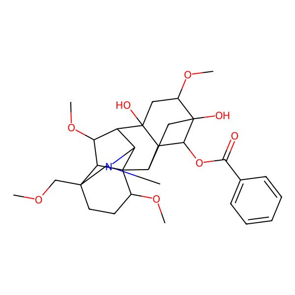 2D Structure of [5,8-Dihydroxy-6,16,18-trimethoxy-13-(methoxymethyl)-11-methyl-11-azahexacyclo[7.7.2.12,5.01,10.03,8.013,17]nonadecan-4-yl] benzoate
