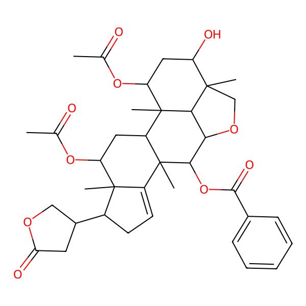 2D Structure of [4,18-Diacetyloxy-16-hydroxy-1,5,10,15-tetramethyl-6-(5-oxooxolan-3-yl)-13-oxapentacyclo[10.6.1.02,10.05,9.015,19]nonadec-8-en-11-yl] benzoate