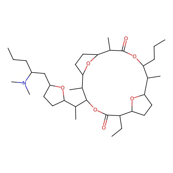 2D Structure of 5-[1-[5-[2-(Dimethylamino)pentyl]oxolan-2-yl]ethyl]-2-ethyl-6,11,15-trimethyl-14-propyl-4,13,19,20-tetraoxatricyclo[14.2.1.17,10]icosane-3,12-dione