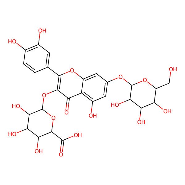 2D Structure of 6-[2-(3,4-Dihydroxyphenyl)-5-hydroxy-4-oxo-7-[3,4,5-trihydroxy-6-(hydroxymethyl)oxan-2-yl]oxychromen-3-yl]oxy-3,4,5-trihydroxyoxane-2-carboxylic acid