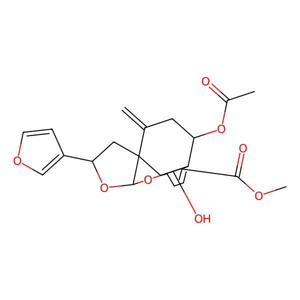 2D Structure of methyl (1R,2R,4S,6R,8R,9S,14S)-14-acetyloxy-6-(furan-3-yl)-2-hydroxy-16-methylidene-3,5-dioxatetracyclo[6.5.3.01,9.04,8]hexadec-12-ene-13-carboxylate