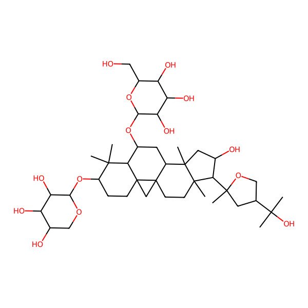 2D Structure of (2R,3R,4S,5S,6R)-2-[[(1S,3R,6S,8R,9S,11S,12S,14S,15R,16R)-14-hydroxy-15-[(2R,4S)-4-(2-hydroxypropan-2-yl)-2-methyloxolan-2-yl]-7,7,12,16-tetramethyl-6-[(2S,3R,4S,5R)-3,4,5-trihydroxyoxan-2-yl]oxy-9-pentacyclo[9.7.0.01,3.03,8.012,16]octadecanyl]oxy]-6-(hydroxymethyl)oxane-3,4,5-triol
