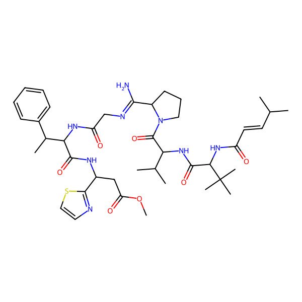 2D Structure of methyl 3-[[2-[[2-[[amino-[1-[2-[[3,3-dimethyl-2-[[(E)-4-methylpent-2-enoyl]amino]butanoyl]amino]-3-methylbutanoyl]pyrrolidin-2-yl]methylidene]amino]acetyl]amino]-3-phenylbutanoyl]amino]-3-(1,3-thiazol-2-yl)propanoate