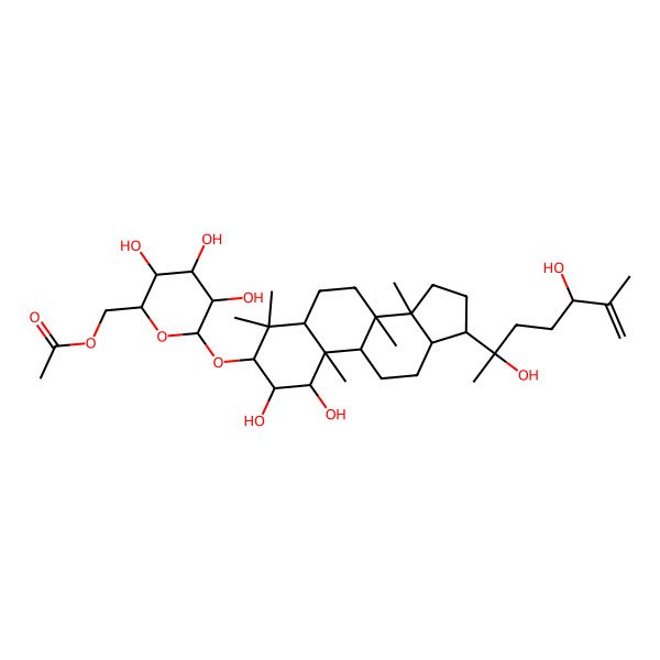 2D Structure of [6-[[17-(2,5-dihydroxy-6-methylhept-6-en-2-yl)-1,2-dihydroxy-4,4,8,10,14-pentamethyl-2,3,5,6,7,9,11,12,13,15,16,17-dodecahydro-1H-cyclopenta[a]phenanthren-3-yl]oxy]-3,4,5-trihydroxyoxan-2-yl]methyl acetate