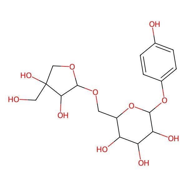 2D Structure of (2R,3S,4S,5R,6S)-2-[[(2R,3R,4R)-3,4-dihydroxy-4-(hydroxymethyl)oxolan-2-yl]oxymethyl]-6-(4-hydroxyphenoxy)oxane-3,4,5-triol