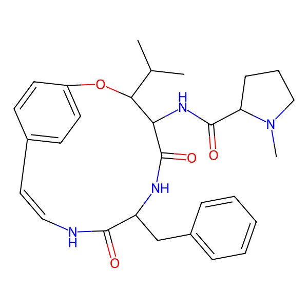 2D Structure of (2R)-N-[(3R,4R,7R,10Z)-7-benzyl-5,8-dioxo-3-propan-2-yl-2-oxa-6,9-diazabicyclo[10.2.2]hexadeca-1(14),10,12,15-tetraen-4-yl]-1-methylpyrrolidine-2-carboxamide