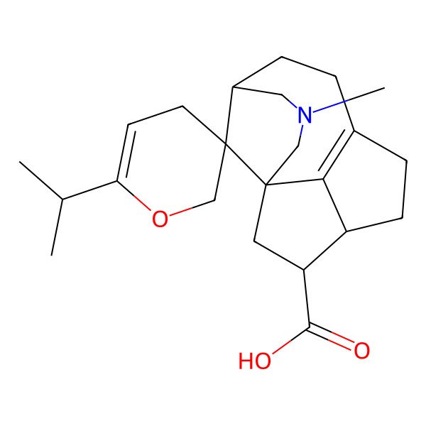 2D Structure of (1'R,3R,5'S,11'R,12'R)-3'-methyl-6-propan-2-ylspiro[2,4-dihydropyran-3,15'-3-azatetracyclo[6.5.1.11,5.011,14]pentadec-8(14)-ene]-12'-carboxylic acid