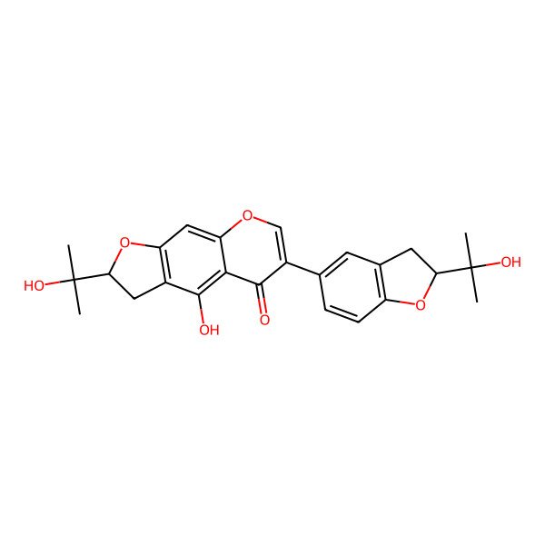 2D Structure of (2S)-4-hydroxy-2-(2-hydroxypropan-2-yl)-6-[(2R)-2-(2-hydroxypropan-2-yl)-2,3-dihydro-1-benzofuran-5-yl]-2,3-dihydrofuro[3,2-g]chromen-5-one