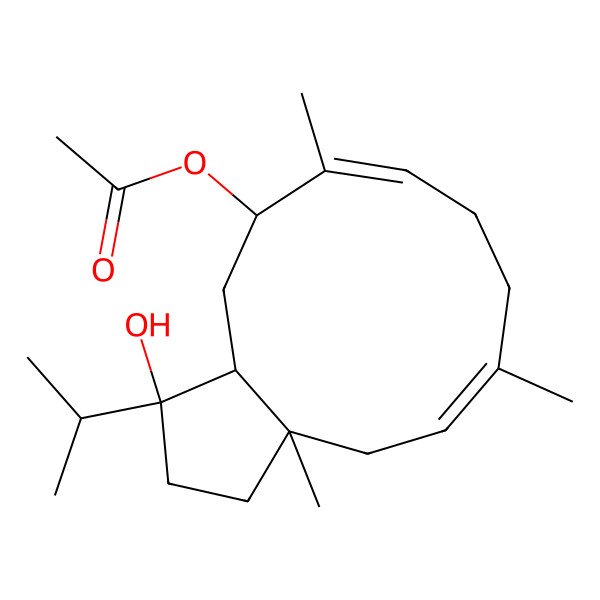2D Structure of (1-Hydroxy-3a,6,10-trimethyl-1-propan-2-yl-2,3,4,7,8,11,12,12a-octahydrocyclopenta[11]annulen-11-yl) acetate