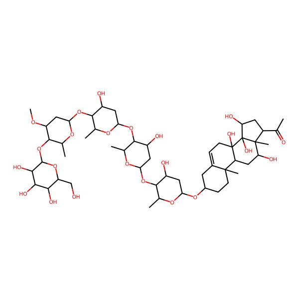 2D Structure of 1-[(3S,8S,9R,10R,12R,13S,14S,15R,17R)-8,12,14,15-tetrahydroxy-3-[(2R,4S,5S,6R)-4-hydroxy-5-[(2S,4S,5S,6R)-4-hydroxy-5-[(2S,4S,5S,6R)-4-hydroxy-5-[(2S,4R,5R,6R)-4-methoxy-6-methyl-5-[(2S,3R,4R,5S,6R)-3,4,5-trihydroxy-6-(hydroxymethyl)oxan-2-yl]oxyoxan-2-yl]oxy-6-methyloxan-2-yl]oxy-6-methyloxan-2-yl]oxy-6-methyloxan-2-yl]oxy-10,13-dimethyl-2,3,4,7,9,11,12,15,16,17-decahydro-1H-cyclopenta[a]phenanthren-17-yl]ethanone