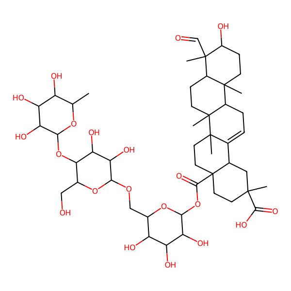 2D Structure of 4a-[6-[[3,4-Dihydroxy-6-(hydroxymethyl)-5-(3,4,5-trihydroxy-6-methyloxan-2-yl)oxyoxan-2-yl]oxymethyl]-3,4,5-trihydroxyoxan-2-yl]oxycarbonyl-9-formyl-10-hydroxy-2,6a,6b,9,12a-pentamethyl-1,3,4,5,6,6a,7,8,8a,10,11,12,13,14b-tetradecahydropicene-2-carboxylic acid