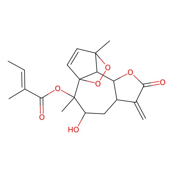 2D Structure of [(2R,3R,5S,11S)-3-hydroxy-2,11-dimethyl-6-methylidene-7-oxo-8,12,13-trioxatetracyclo[9.2.2.01,10.05,9]pentadec-14-en-2-yl] (E)-2-methylbut-2-enoate
