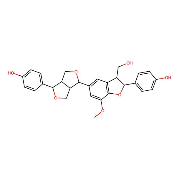 2D Structure of 4-[(3R,3aS,6R,6aS)-6-[(2S,3R)-3-(hydroxymethyl)-2-(4-hydroxyphenyl)-7-methoxy-2,3-dihydro-1-benzofuran-5-yl]-1,3,3a,4,6,6a-hexahydrofuro[3,4-c]furan-3-yl]phenol