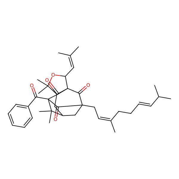 2D Structure of (1S,2S,5R,7R,9R,11S)-9-benzoyl-11-[(6E)-3,8-dimethylnona-2,6-dienyl]-4,4,8,8-tetramethyl-2-(2-methylprop-1-enyl)-3-oxatetracyclo[7.3.1.17,11.01,5]tetradecane-10,12,13-trione