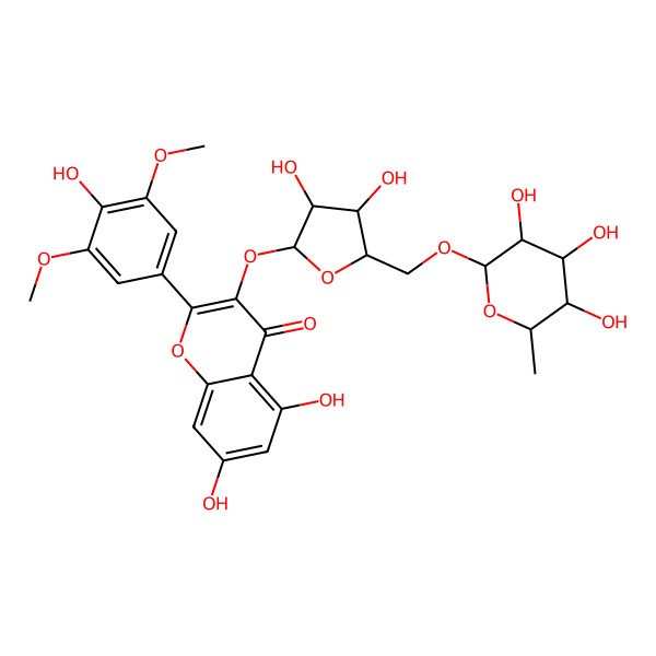2D Structure of 3-[(2S,3R,4R,5S)-3,4-dihydroxy-5-[[(2R,3R,4R,5R,6S)-3,4,5-trihydroxy-6-methyloxan-2-yl]oxymethyl]oxolan-2-yl]oxy-5,7-dihydroxy-2-(4-hydroxy-3,5-dimethoxyphenyl)chromen-4-one
