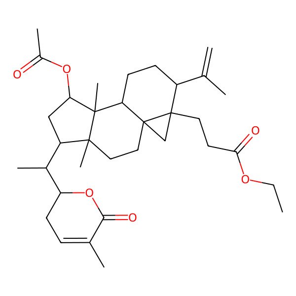 2D Structure of Ethyl 3-[7-acetyloxy-4,8-dimethyl-5-[1-(5-methyl-6-oxo-2,3-dihydropyran-2-yl)ethyl]-12-prop-1-en-2-yl-13-tetracyclo[7.5.0.01,13.04,8]tetradecanyl]propanoate