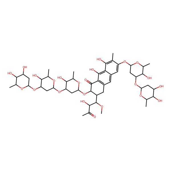 2D Structure of (2S,3S)-6-[4-(4,5-dihydroxy-6-methyloxan-2-yl)oxy-5-hydroxy-6-methyloxan-2-yl]oxy-2-[4-[4-(4,5-dihydroxy-6-methyloxan-2-yl)oxy-5-hydroxy-6-methyloxan-2-yl]oxy-5-hydroxy-6-methyloxan-2-yl]oxy-8,9-dihydroxy-3-[(1S,2R)-2-hydroxy-1-methoxy-3-oxobutyl]-7-methyl-3,4-dihydro-2H-anthracen-1-one