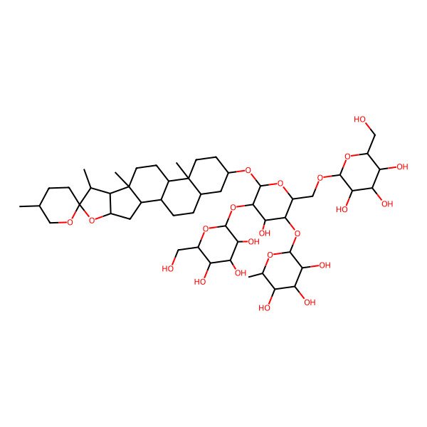 2D Structure of (2S,3R,4R,5R,6S)-2-[(2R,3S,4S,5R,6R)-4-hydroxy-6-[(1R,2S,4S,5'R,6R,7S,8R,9S,12S,13S,16S,18R)-5',7,9,13-tetramethylspiro[5-oxapentacyclo[10.8.0.02,9.04,8.013,18]icosane-6,2'-oxane]-16-yl]oxy-5-[(2R,3R,4S,5S,6R)-3,4,5-trihydroxy-6-(hydroxymethyl)oxan-2-yl]oxy-2-[[(2R,3R,4S,5S,6R)-3,4,5-trihydroxy-6-(hydroxymethyl)oxan-2-yl]oxymethyl]oxan-3-yl]oxy-6-methyloxane-3,4,5-triol