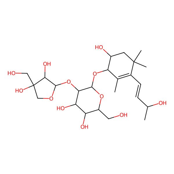 2D Structure of (2R,3S,4S,5R,6R)-5-[(2R,3R,4S)-3,4-dihydroxy-4-(hydroxymethyl)oxolan-2-yl]oxy-6-[(1R,6S)-6-hydroxy-3-[(E,3R)-3-hydroxybut-1-enyl]-2,4,4-trimethylcyclohex-2-en-1-yl]oxy-2-(hydroxymethyl)oxane-3,4-diol