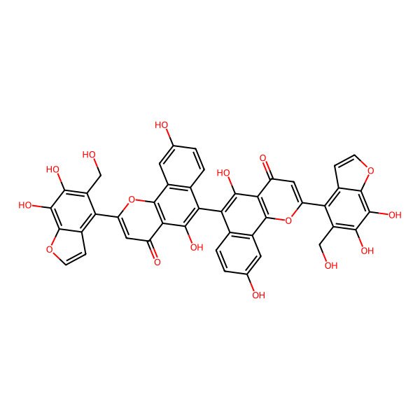 2D Structure of 2-[6,7-Dihydroxy-5-(hydroxymethyl)-1-benzofuran-4-yl]-6-[2-[6,7-dihydroxy-5-(hydroxymethyl)-1-benzofuran-4-yl]-5,9-dihydroxy-4-oxobenzo[h]chromen-6-yl]-5,9-dihydroxybenzo[h]chromen-4-one