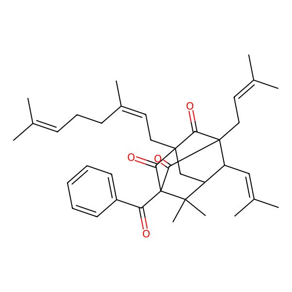 2D Structure of 5-Benzoyl-3-(3,7-dimethylocta-2,6-dienyl)-6,6-dimethyl-1-(3-methylbut-2-enyl)-8-(2-methylprop-1-enyl)adamantane-2,4,9-trione 2D Structure of 5-Benzoyl-3-(3,7-dimethylocta-2,6-dienyl)-6,6-dimethyl-1-(3-methylbut-2-enyl)-8-(2-methylprop-1-enyl)adamantane-2,4,9-trione