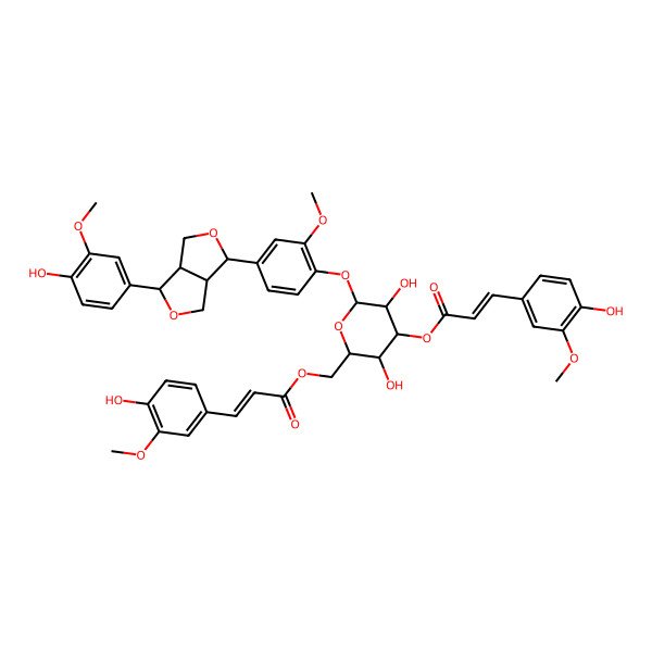 2D Structure of [3,5-Dihydroxy-6-[4-[3-(4-hydroxy-3-methoxyphenyl)-1,3,3a,4,6,6a-hexahydrofuro[3,4-c]furan-6-yl]-2-methoxyphenoxy]-4-[3-(4-hydroxy-3-methoxyphenyl)prop-2-enoyloxy]oxan-2-yl]methyl 3-(4-hydroxy-3-methoxyphenyl)prop-2-enoate